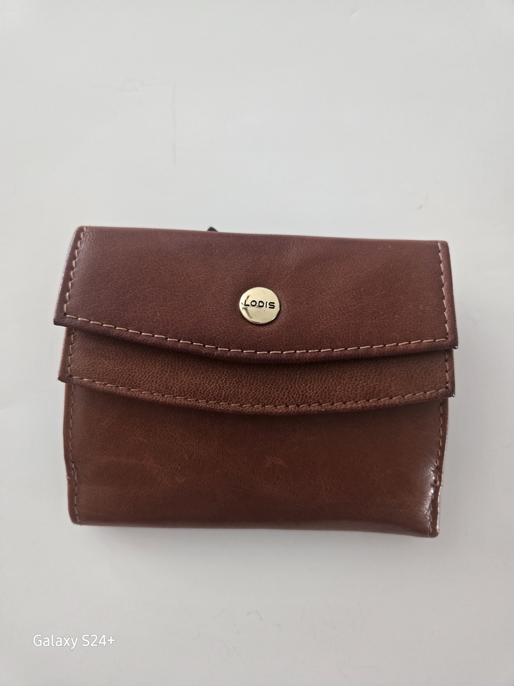 Lodis Chestnut Leather Compact Wallet with Gold Logo Snap - RFID Protection
